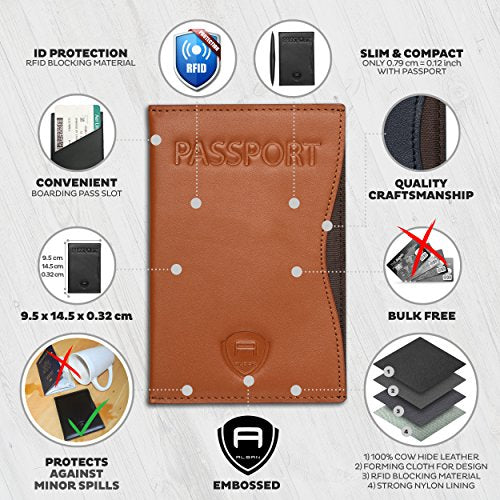 Alban RFID Passport Holder for Women & Men, Genuine Leather Passport Cover - color: Brown
