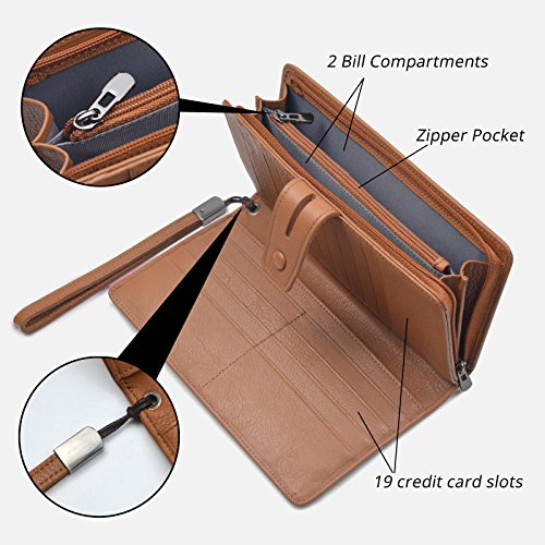 Bveyzi Women's Big Fat Rfid Leather Wristlet Wallet Organizer Large Phone Checkbook Holder with Zipper Pocket (Brown) - color: Brown