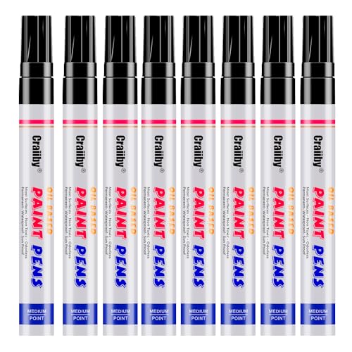 Black Paint Markers, 8 Pack Oil-Based Waterproof Quick Dry Permanent Paint Pen Set for Rocks Painting, Wood, Fabric, Plastic, Canvas, Glass, Mugs, Metal, Tire, Stone, DIY Craft - color: Black