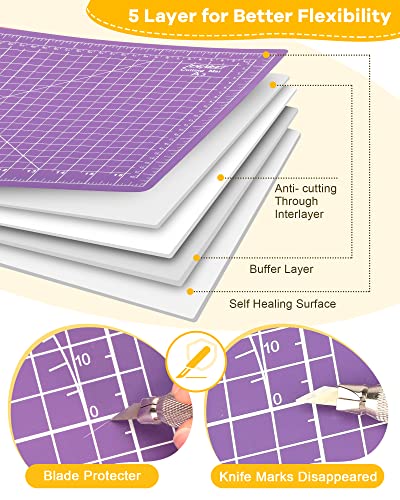 Density-upgraded 9"x12" Self Healing Cutting Mat, Idemeet Rotary Sewing Mat for Crafts, 5-Ply Blade Table Protector Cut Board for Fabric Leather Cutting Quilting Modeling Hobby Project, A4, Purple - color: Purple, size: 12"L x 9"W