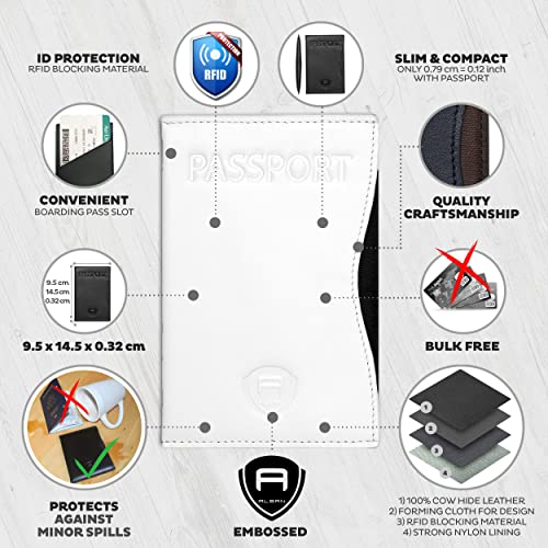 Alban RFID Passport Holder for Women & Men, Genuine Leather Passport Cover - color: White