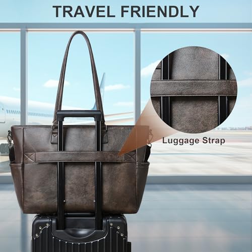 15.6 Inch Laptop Tote Bag for Women Large Leather Shoulder Bag Handbags Purses with Detachable Shoulder Strap - color: Chocolate