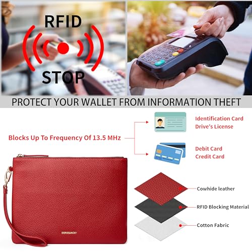 DORIS&JACKY Women Leather Clutch Purse and Phone Wallet with Wristlet Strap - color: Red