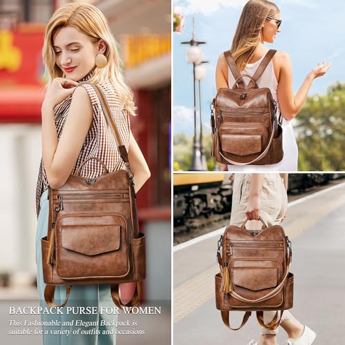 Leather Womens Backpack Purse Convertible Crossbody Shoulder Strap | Water Resistant Flap Fashion Backpack,Magnetic Pocket Design,Anti-theft Pocket,Adjustable Strap for Work College Casual - color: Brown