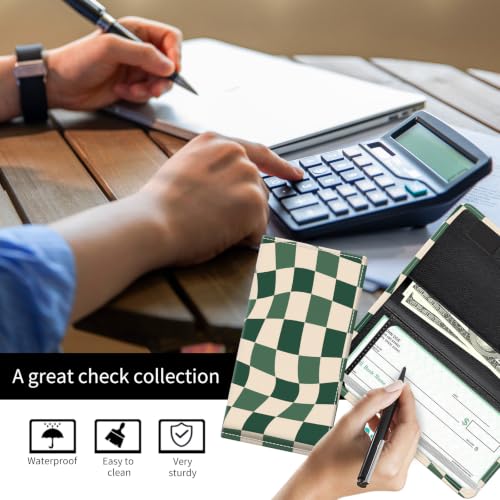 Checkbook Cover for Personal Checkbook, Cute Pu Leather Check Book for Women & Men, Slim Checkbook Holder with Pen Holder and Built-in Clear Plastic Divider, Green Checker - color: Green Checker