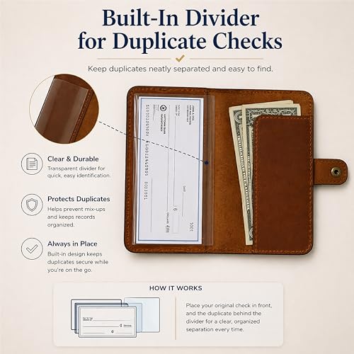 Genuine Tan Leather Checkbook Cover - Handmade Check Holder with Divider & ID Window, Slim Organizer Wallet for Business, Travel & Everyday Use, 3.5 x 7 inch - color: Tan Leather Checkbook Cover