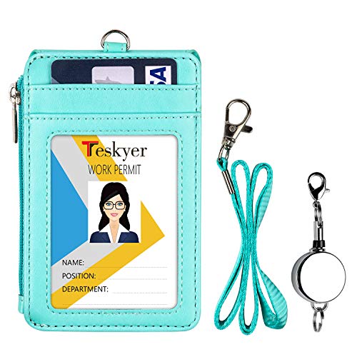 Teskyer ID Badge Holder with Retractable Lanyard, Lanyard Wallet, Cyan - color: Green #02, size: 3.1" x 4.7"