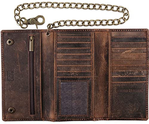 F&L CLASSIC RFID Blocking Mens Tri-fold Long Style Cowhide Leather Steel Chain Wallet,buffalo vintage leather - color: buffalo vintage leather