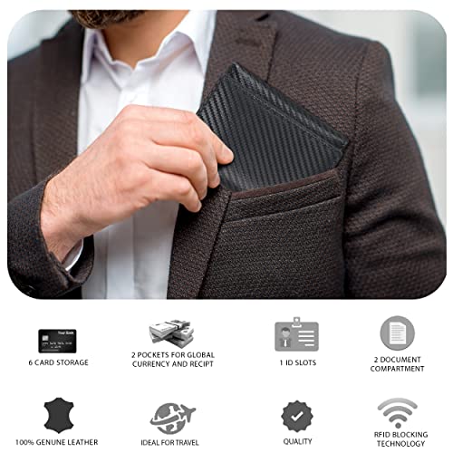 Trifold Leather Wallet for Men - RFID Slim Minimalist Front Pocket 6 Slots - color: Black Nappa/Carbon