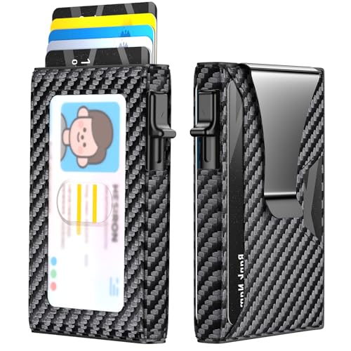 Wallet for Men Slim Minimalist Pop-up Smart Holds 5-6 Cards - RFID Blocking Metal with Money Clip, Credit Card Holder & ID Window, men accessories(Single fold carbon) - color: Single fold carbon