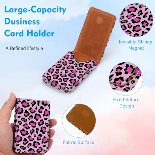 Business Card Holder, PU Leather Printing Business Card Case Pocket with Magnetic Shut, Portable Business Card Carrier Holder for Women or Men (Leopard-Pink) - color: Leopard-Pink