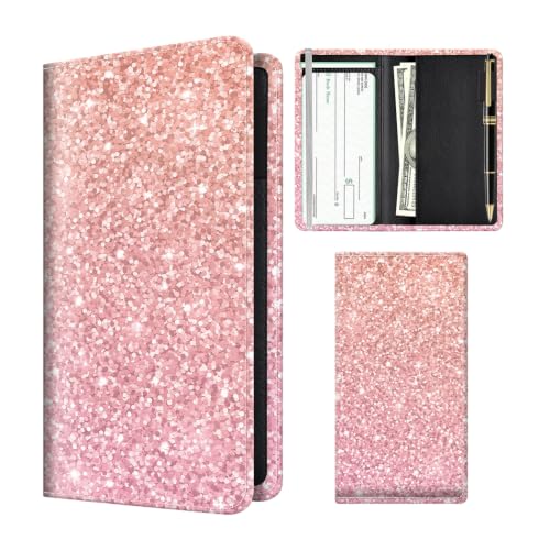 Checkbook Cover for Personal Checkbook, Cute Pu Leather Check Book for Women & Men, Slim Checkbook Holder with Pen Holder and Built-in Clear Plastic Divider, Pink Glitter - color: Pink Glitter