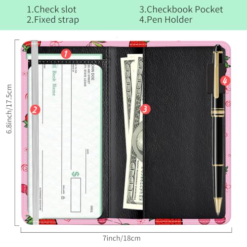 Checkbook Cover for Personal Checkbook, Cute Pu Leather Check Book for Women & Men, Slim Checkbook Holder with Pen Holder and Built-in Clear Plastic Divider, Pink Strawberry - color: Pink Strawberry