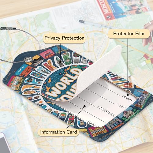 Travel Around The World Luggage Tags for Suitcase,3 Pack Go Travel Flight Views Luggage Tag Leather Privacy Cover ID Label with Stainless Steel Loop for Women Men - color: Travel Around the World