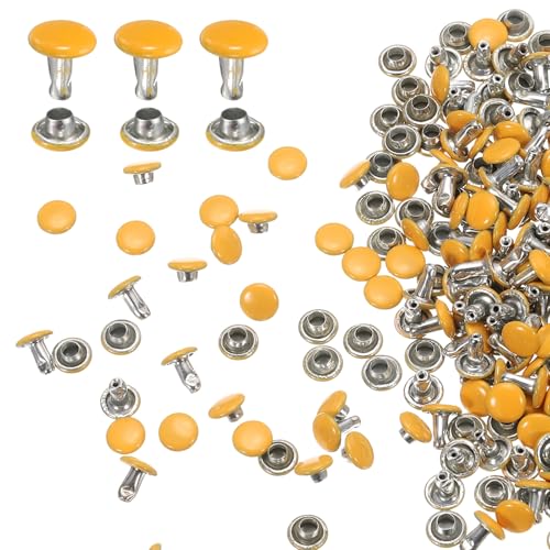 HARFINGTON 100 Sets Double Cap Leather Rivets, 6x6mm Round Cap Tubular Metal Studs Leather Crafting Rivets for Fabric Belt Pet Collar Boot Bag Repair and Decoration, Yellow - color: Yellow, size: 6x6mm