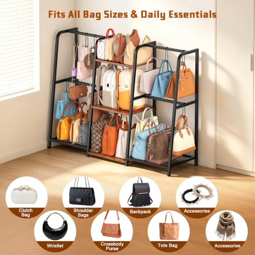 3-Tier Purse Organizer, Heavy-Duty Wood and Metal Bag Storage Rack with 10 Side Hooks for Large Totes & Long Shoulder Bags, Anti-Wobble Free-Standing Handbag Display Stand