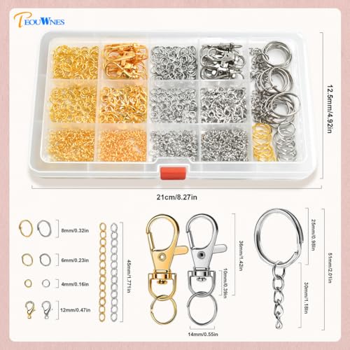 968pcs Jump Rings for Jewelry Making Kit, PEOUWNES Gold & Silver Keychain Rings with Lobster Clasps, DIY Bracelet Necklace Charms Supplies (Multi-Use Craft Set) - color: Gold and Silver