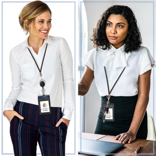 Retractable ID Badge Holder with Lanyard, Belt Clip Key Ring, Pen Holder - color: Black
