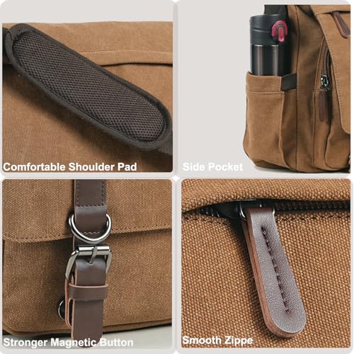 Vintage Messenger Bag 15.6 Inch Laptop for Men Women, Large Travel Crossbody Shoulder Purse Canvas Briefcase Work College - color: Coffee-upgrade