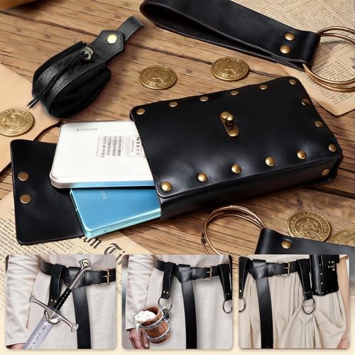 Renaissance Belt Pouch Medieval Pirate Costume Accessories Set for Cosplay | Viking Faux Leather Waist Bag, Skirt Hike Clips, Perfect for Women and Men Ren Faire, LARP, Fantasy, Halloween - color: Black-R