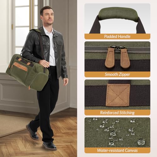 Canvas Duffle Bag 50L Expandable Travel Weekender Bags, Army Green | Travel Duffel Bags for Men Women, Weekender Overnight Bag with Shoes Compartment, for Travel, Camp, Gym, Business - color: Army Green