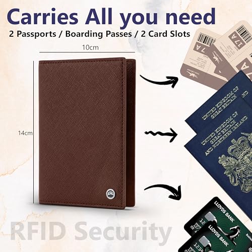 2 Passport Holder - Travel Essentials, RFID Blocking Wallet Credit Card Organiser, Plain Accessories Slim Cover For Men & Women - color: Brown