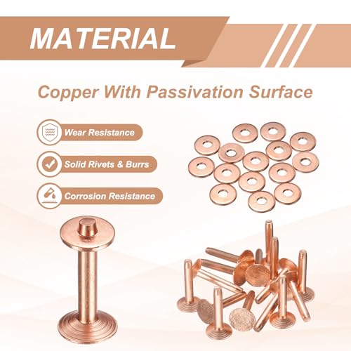 HARFINGTON 15Set Copper Rivets and Burrs Washers 10x3.3x19mm Dimpled Finish Solid Leather Rivet Fastener Studs Posts for Leather DIY Craft Belts Wallets Collars, Copper Tone - color: Copper Tone, size: 10x3.3x19mm