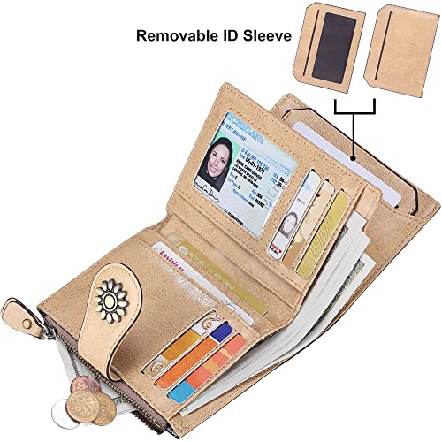 Womens Leather Wallet Small Compact RFID Blocking Credit Card Case Purse with Zipper Pocket | Small - color: Light Khaki