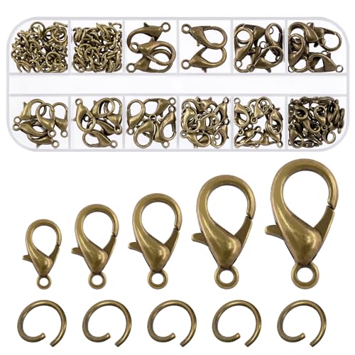 Swpeet 170Pcs Bronze 10mm 12mm 14mm 16mm 18mm Open Jump Rings and 6mm Lobster Clasps Assortment Kit, Perfect Jewelry Findings Kit Fits for DIY Making Bookmark Pinch Bracelet Choker Necklace - color: Bronze