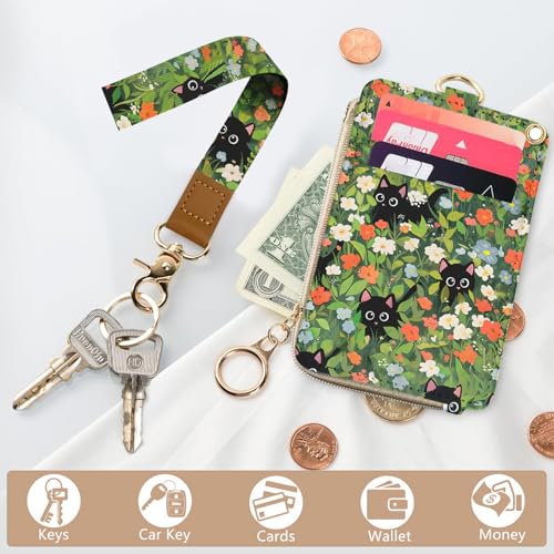 bolimoss Cute 2-in-1 ID Badge Holder & Lanyard Wallet, Black Cat Floral Wallet with Removable Wristlet & Neck Lanyard, Clear Window, 5 Card Slots, 1 Side Zipper Pocket, Ring Keychain - color: Black Cat Flower