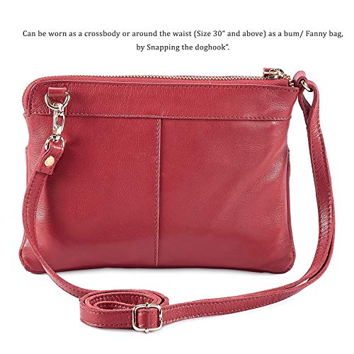 Small Leather Crossbody Bag for Women Adjustable Sling Purse Multi Pocket | Genuine Top Grain Leather, 4 Zip Pockets, Cross Over for Travel, Gift for Women, Phone Pocket - color: Red Nappa