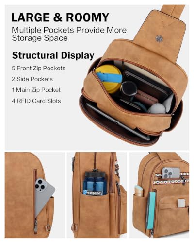 Large Sling Bag for Women, Designer 10L Leather Crossbody Purse | Anti Theft Sling Backpack, RFID Fanny Packs for Travel, Ideal for Vacation Walking Daily Errands - color: Camel Brown Nubuck Style