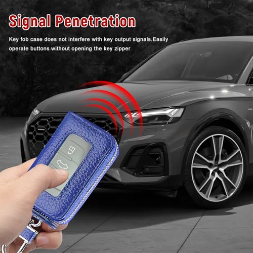 Car Key Fob Case, Remote Keys Storage Bag with Metal Hook & Transparent Window, Waterproof Leather Auto Key Fob Holder Keychain Zipper Bag for Women Men, Car Accessories (Royal Blue) - color: Royal Blue