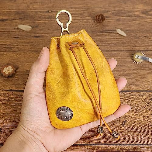 Leather Coin Pouch, Drawstring First Layer Cowhide Coin Pouch Leather Coin Pouch Men Coin Pouch for Men and Women (Yellow) - color: Yellow