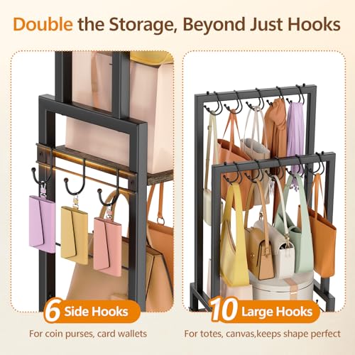 Tall Purse Organizer with Double Rods: Visible Backpack Handbag Storage | Purse Rack Stand with 10 Purse Hanger & 6 Side Hooks,Space-Saving Bag Organizer Rack for Home, Closet, Small Space,Black - color: Black, size: 3 Tier