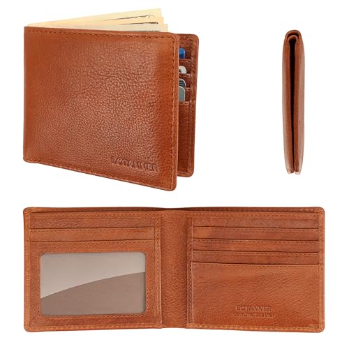 Genuine Leather Mens Bifold Wallet Slim RFID Blocking 5 Credit Card Slots 1 ID Window 2 Sections for Bills 2 Additional Slots | Tan - color: Tan, size: 5 Card + 1 ID