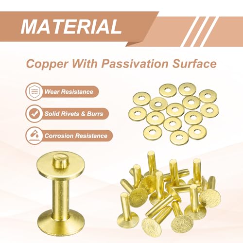 HARFINGTON 15Set Brass Rivets and Burrs Washers 11x4x16mm Dimpled Finish Solid Leather Rivet Fastener Studs Posts for Leather DIY Craft Belts Wallets Collars, Gold Yellow - color: Gold Yellow, size: 11x4x16mm