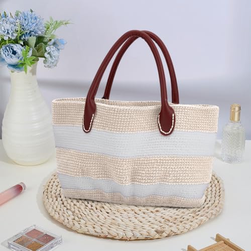 ORIGACH DIY Crochet Handbag Kit for Beginners, Beige Striped Crochet Bag with PU Leather Band and Base, Include Yarn, Crochet Hooks, Markers and Instruction - color: Beige
