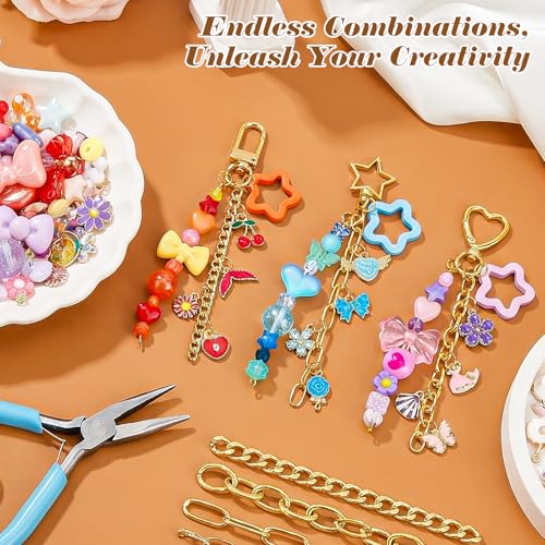 Ecoofor 364 Pcs Keychain Making Kit for Kids & Adults – Includes 20 Keychain Clips, 25 Extender Chains, 136 Charms, Beading Accessories, Jewelry Pliers – DIY Bag Charms & Jewelry Craft Kit Supplies - color: Gold-364Pcs Kit