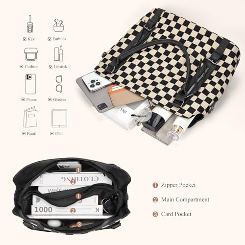Checkered Tote Bag Large Checkered Purses for Women Plaid Hobo Shoulder Bag Multiple Pockets Tote Handbags - color: A02-black