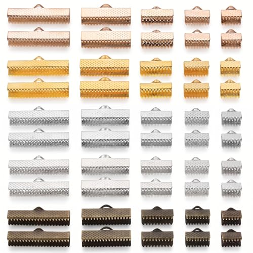 250pcs 5 Size Ribbon Clamp End, 5 Color Ribbon Bracelet Bookmark Pinch Crimp Clamp End, Bookmark Leather Fastener Clasps Findings Cord Ends for Jewelry Craft Supplies DIY Choker Anklets