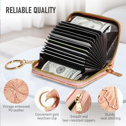 credit card holder for women，Embossed leather Rfid wallet women， KeyChain Wallet - color: Pink