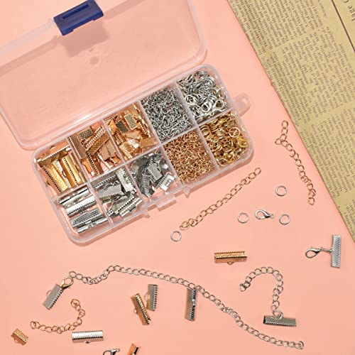 373Pcs Ribbon Bracelet Kit for Jewelry Making Ribbon End Crimps Lobster Clasps Awith Jump Rings and Chain Extenders for DIY Making Bookmark Pinch Bracelet Choker Necklace (Gold and Silver)