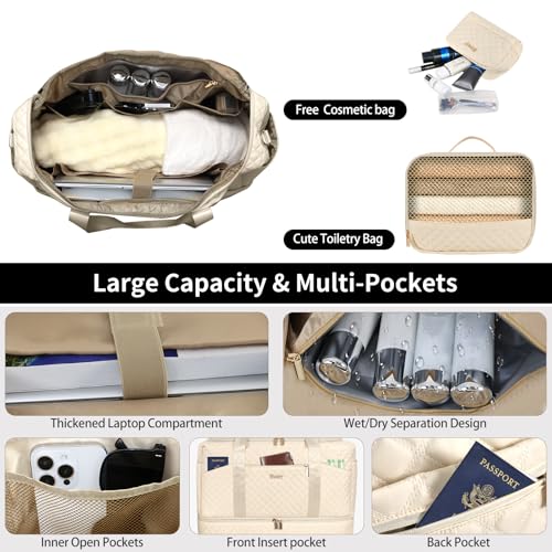Stuery Weekender Bags for Women with Toiletry Bags: Large Overnight Bags Travel Duffel Bag Carry On Shoulder Weekend Tote with Shoe Compartment and Wet Pocket for Girls Airplane Traveling,Beige White - color: C-3PCS Beige White