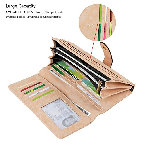 Women's Vegan Leather 17 Card Slots Card Holder Long Big Bifold Wallet - color: Pink