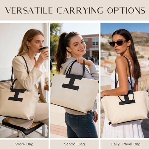 CHUNLI 15.6" Laptop Tote for Women - Lightweight Canvas-Textured Leather Work Bag, Structured Business Briefcase, Teacher - color: Black & Beige