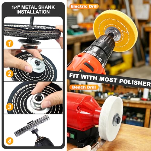 BURMONG 4” Metal Buffing & Polishing Wheel Kit for Drill with 1/4” Drill Adapter, 8PCS Set with 4 Cotton Polishing Wheels (1/2” Arbor Hole) & 3 Polishing Compounds for Aluminum & Metal