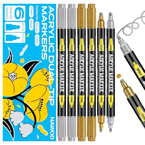 NAWOD 6 Gold and Silver Acrylic Paint Pens Markers, with Fine Tip and Medium Tip, for Rock Painting, Fabric, Canvas, Glass, Wood, Paper, DIY, Ceramic, Paint Markers for Kids and Adults - color: 3 Gold & 3 Silver | Fine + Dot