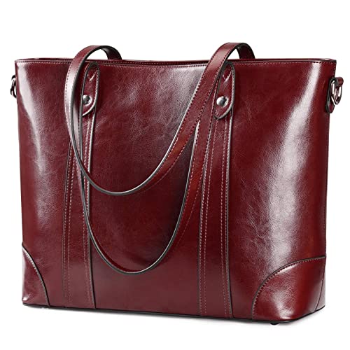 S-ZONE Leather Tote Bag for Women Large Work Shoulder Handbag with Zipper - color: Wine Red