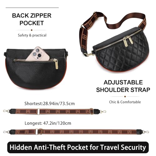 Genuine Leather Crossbody Bum Bags for Women Anti-theft Travel Fanny Pack - color: 090 Black